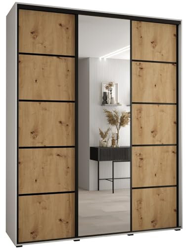 MEBLE KRYSPOL Cannes 5 Moderner Schrank mit 3 Schiebetüren mit Kleiderstange, Regalen und Spiegel - Aufbewahrungsschrank für Schlafzimmer, Wohnzimmer - 205,2x190x45 cm - Weiß Artisan Schwarz