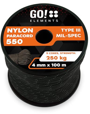 GO!elements 100m Paracord Seil aus reißfester Nylonschnur - 4mm Paracord 550 Typ III Schnur - geeignet als Allzweckseil & Reepschnur - Max. 250kg, Farbe: Schwarz-Reflektierenden
