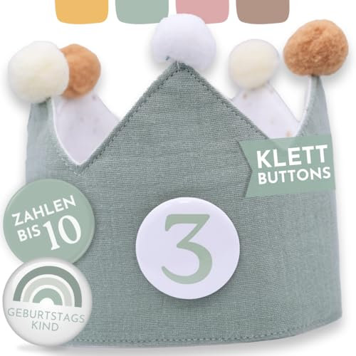 BJORKI® Geburtstagskrone für Mädchen & Jungen – Wendbare Krone mit Zahlen 1-10 aus Musselin – Klett-Buttons, Mint