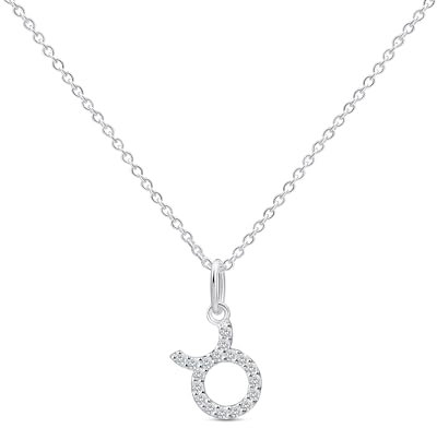 Amberta Women 925 Sterling Silver Zodiac Necklace with Cubic Zirconia – Silver Zodiac Sign Necklace: Silver Taurus Necklace