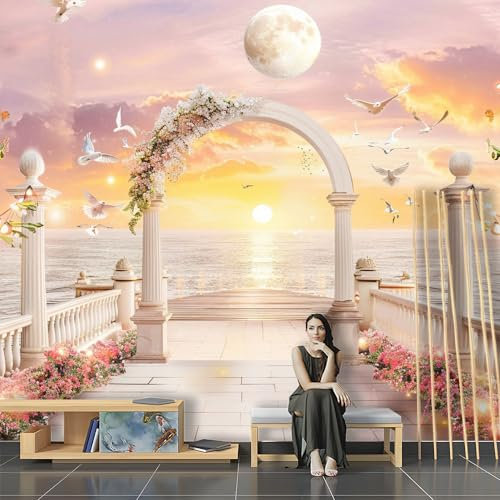 SPECUFX Papier Peint Mural 3D Panoramique Murale Romantique Rose Coucher de soleil Mer Paysage Photographie Voyager Image Fond Décoration Gamins Adultes Portrait Studio Photo