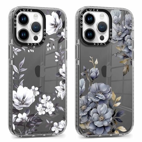 Foonary 2 Pack Clear Print Phone Case Compatible with iPhone 14 Pro 6.1,Slim Soft Silicone with Grey Flower Design Aesthetics Transparent Pattern Cases,Shockproof Bumper Protector Cover