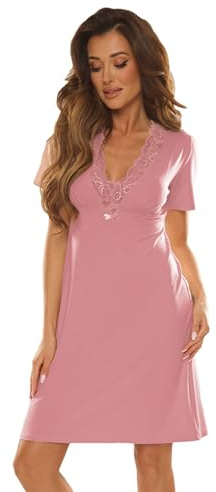 Selente Sweet Dreams Incantevole Camicia da Notte/negligé Corto con Pizzo, Maniche Corte, Rosa Antico, Taglia. XL (48)