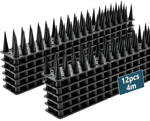 KOKMEYA Taubenabwehr Spikes Kunststoff (4m, 12 Stück, Schwarz) - Vogelabwehr mit 24 Schrauben & 24 Kabelbindern - Für Balkon, Dachrinne & Geländer - Gegen Möwen & Katzen