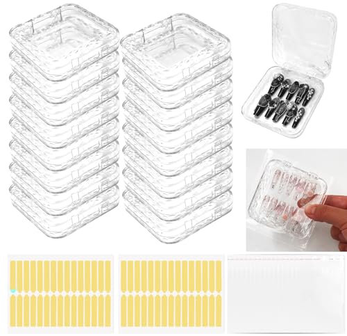 Daily Treasures 92pcs Press On Nails Packaging Set,16pcs Rhombic Nail Storage Box(7.5×7.5CM)&60pcs Upgraded Double Sided Tape &16pcs Self-adhesive Bags,Transparent False Nail Display for Nail Business