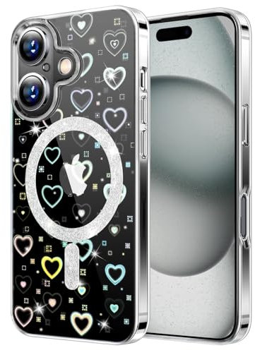 DEVASO Magnetisch Hülle für iPhone 16 Kompatibel mit MagSafe, Farbverlauf Glitzer Herz Muster Transparent Handyhülle, Durchsichtige Flash Hologramm Kratzfest Schutzhülle für Mädchen Frauen