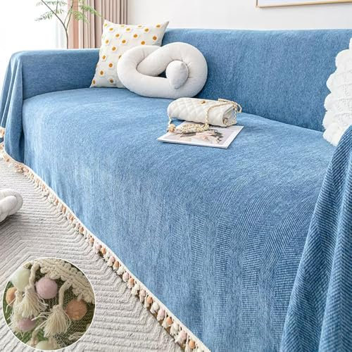 Highdi Sofadecke mit Fransenkugeln Verdickt 1 2 3 4 Sitzer Sofa Überzug L Form Sofabezug Ecksofa Universelle rutschfeste Couch Überzug Einteiliger Vielseitige Sofa Cover Decke (180x400cm,Blau)