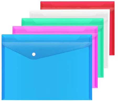 A4 Plastic Wallets 5PCS Folders Waterproof Plastic Wallet Transparent Colours with Button Storage and Organization Office Supplies