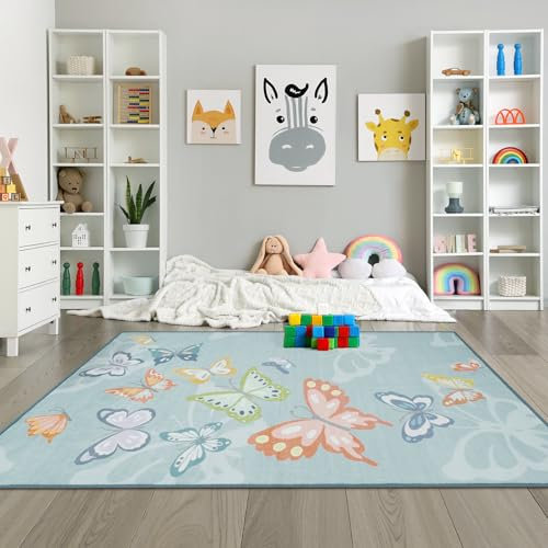 STARUIA Mädchen-Teppich für Schlafzimmer, waschbar, Kinderteppiche für Palyroom, rutschfest, weich, für Kinderzimmer, Kinderzimmer, Kinderzimmer, Schmetterlinge, fusselfrei, Babyteppich für