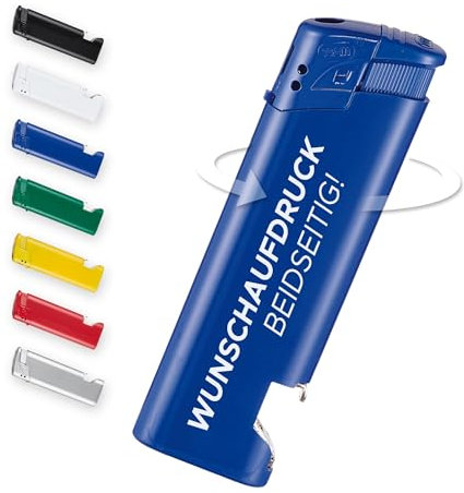 #teamludorf 100 Stück Blaue Feuerzeuge mit Flaschenöffner - Nachfüllbar, UV-Druck, personalisierbar - Ideal für Messen, Promotion, Hochzeiten, Feiern & als Werbegeschenke