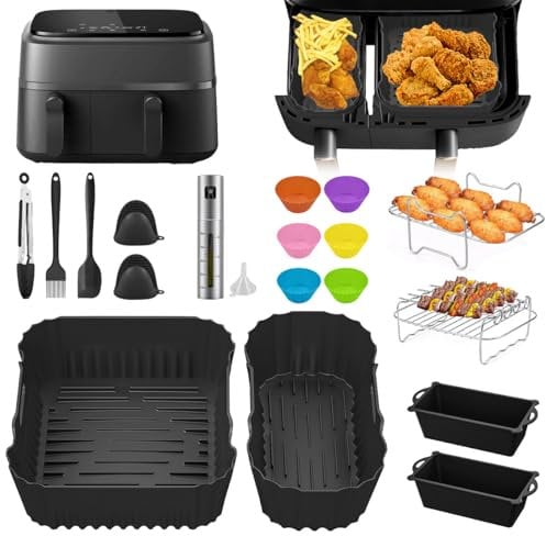 Philips Airfryer Zubehör für Philips Airfryer 3000 Dual Basket Serie NA350/00 NA550/00, BPA-Frei 24 Stück Heißluftfritteuse Zubehör Set mit 6L und 3L Air Fryer Liner Mould Grill usw Air Fryer Zubehör