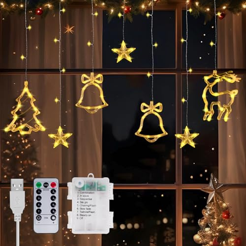 Lamptobe Lichtervorhang Innen Weihnachtsbeleuchtung Fenster 3,5 M mit Fernbedienung, 120 LEDs 8 Modi Weihnachtslichter Fenster Batterie oder USB Betrieben