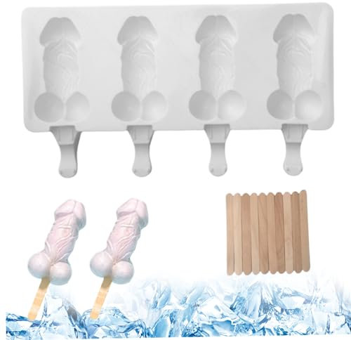 Moule de glace et de gâteau pénis en silicone 4-cavité avec des bâtons, des moules à popsicle congelés antiadhésifs résistants à la chaleur pour les desserts fête bricolage