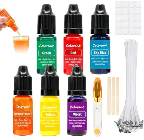 Kerzenwachs Farbe, 6 Kerzenfarbe, 10 ml, Wachs Kerzen Farbe,mit 20PCs Kerzendocht + 20PCs Docht Aufkleber+ 3PCs Dochthalter, Kerzen Selber Machen Set für DIY Kerze, Kerzenherstellung