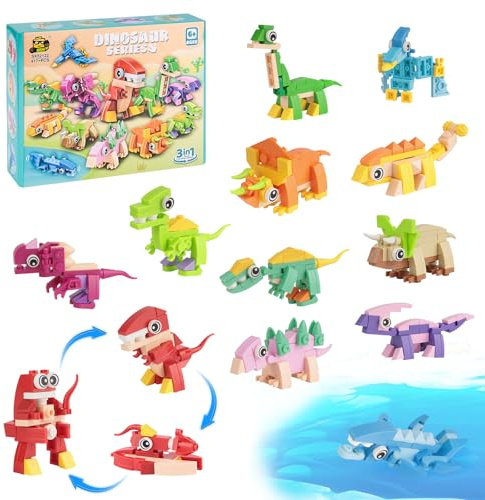 Lixstyea 3 in 1 Mini Bausteine Dinosaurier Set - 12 Pack Bausteine Kinder, Tiere Spielzeug Set, Mitgebsel Kindergeburtstag, Geschenke Kinder 6-12 Jahre Mädchen Jungen