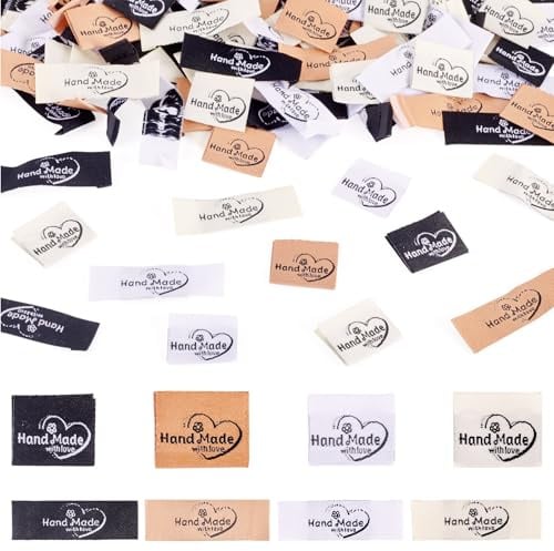 Craftora 160 Stück Stoffetiketten, handgefertigt, mit Liebe, zum Aufnähen auf Kleidung, Herzmuster, Stoff-Etiketten, für Heimwerken, Stricken, Nähen, Kleidung, Dekoration
