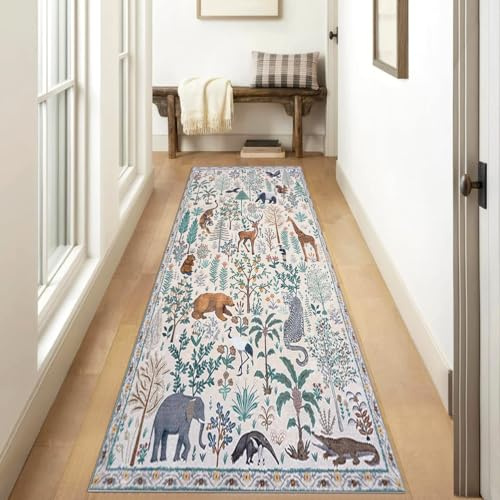 Siunwdiy Flur Teppich Läufer Flurläufer 80×200 cm Bunter Waschbarer Vintage Blumen Rutschfester Flurteppich