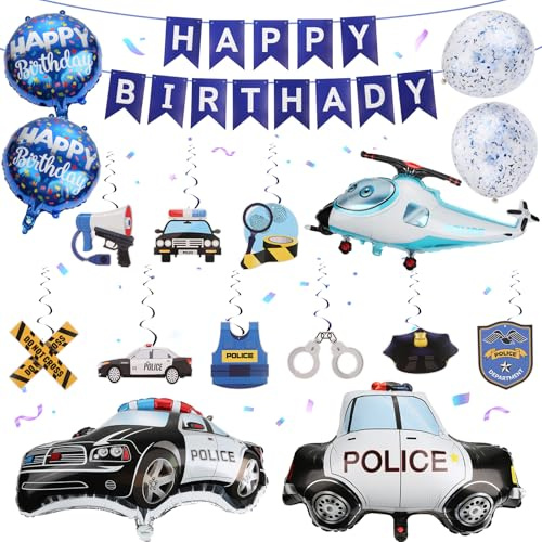 Polizei Geburtstag Deko,Wirbel Deko,New Polizeiauto Polizeihubschrauber Luft,Set Police Geburtstagsdeko Banner und spiralförmigem Polizeiband für Geburtstagsparty Dekoration