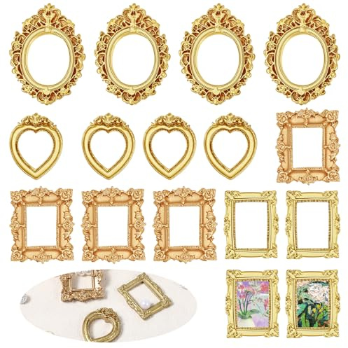 guduling 16 Stück Bilderrahmen Harz, Mini-Vintage-Rahmen | Miniatur Rahmen für Schmuck, Handyfotos, Wandcollagen, Party und Heimdekoration, Goldfarben