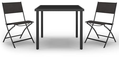 HOMELEN Garten-Dining-Set+Essgruppe+3-teilig+schwarz+anthrazit+stabil+pulverbeschichtet+Stahlrahmen+Hartglas-Tisch+Textilene-Stühle+stapelbar+wetterfest+Außenmöbel+für+Terrasse+Garten+Patio