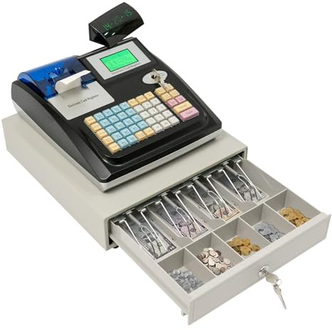 Elektronische Registrierkasse mit 2 Displays, 5 Münz- und 4 Scheinfächern Kassenlade, 48 Tasten Kasse, Banknotendetektor,Kassensystem Einzelhandel,Cash register, Für Restaurants, Supermärkte, Bäcker