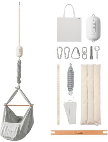 Swollie Premium Baby Federwiege Grau mit Motor Beige | Bio-Baumwolle | ergonomische Liegefläche | erholsamer Babyschlaf | Tempo und Timer