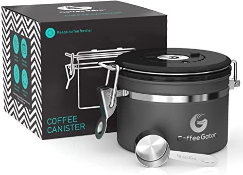 Coffee Gator Coffee Canister Airtight 900 mL, Stainless Steel Kitchen Food Storage Container with Date Tracker, CO2 Valve, Scoop for Grounds Coffee, Beans,Tea, Sugar, Flour, Snacks