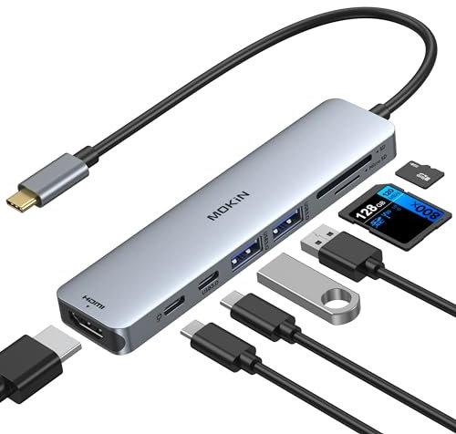 USB C Hub HDMI Adapter for MacBook Pro/Air, MOKiN 7 IN 1 USB C Dongle Mac Adapter with HDMI, Type C Data Port,100W PD,SD/TF and 2 USB3.0 for Dell/Lenovo/Thinkpad