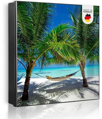 banjado Großer Schlüsselkasten Metall - Schlüsselbox 30x30cm beschreibbarer mit 32 Haken - Schlüsselkasten modern für Schlüsselaufbewahrung - Korpus Schwarz Scharnier Rechts - Motiv Strand