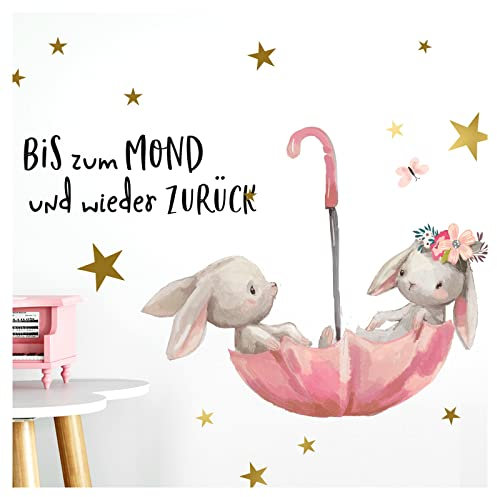 Little Deco Wandtattoo Babyzimmer Hasen & Spruch Bis zum Mond I Wandbild 51 x 28 cm (BxH) I Regenschirm Kinderbilder Deko Kinderzimmer Mädchen Aufkleber Sticker DL160