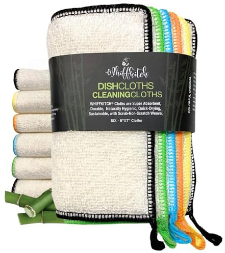 Whiffkitch Dishcloths Dishrags for Kitchen and Household Cleaning 6x7 6-Pack Non-Scratch 2-Ply Weave, Bamboo-Rayon Fabric, Absorbent, Washable, Long-Lasting