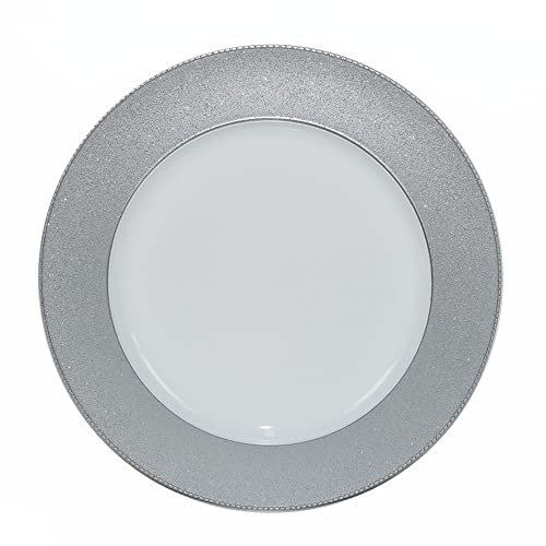 12 Sottopiatti BIANCO NATALE con Bordo GLITTER Colore ARGENTO Bordo Liscio Tondo 33 cm Natale cenone sotto Piatto Natalizio Capodanno Natale Cena Aperitivo fondo Bianco bordo Silver Natalizi