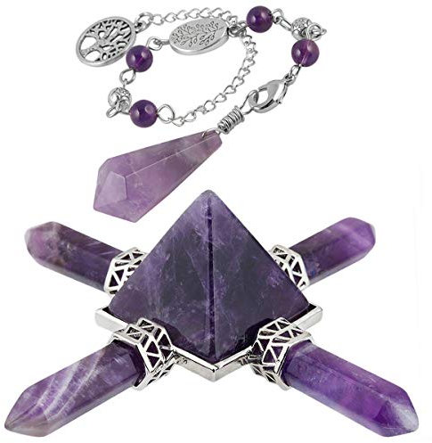 Nupuyai Amethyst Healing Crystal Kit, Energy Pyramid with 4 Stone Point Wand Dowsing Pendulum Collection Set Reiki Figurine Decor