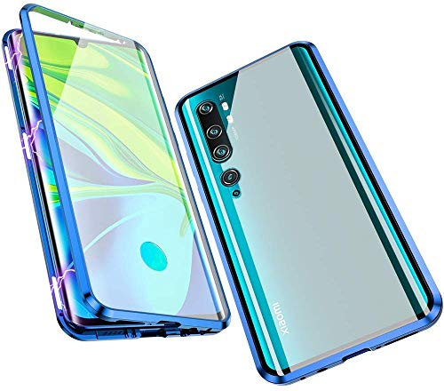 Hkess Custodia per Xiaomi Mi Note 10 Cover Magnetica Adsorbimento Tecnologia 360 Gradi Full Body Protezione Cassa Bumper in Metallo Schermo Intero Prima e Dopo Trasparente Vetro Temperato Case,Blu
