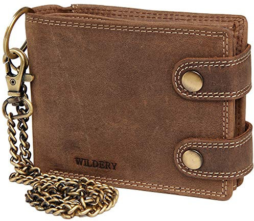 Wildery® Geldbeutel mit Kette I Biker Geldbörse mit Kette Herren I Geldtasche mit RFID Schutz I Portemonnaie mit Sicherheitskette im Querformat /#Vintage Chain WI109 (Braun)