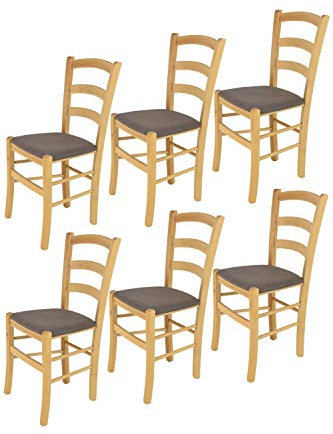 Tommychairs - 6er Set Stühle Venice für Küche und Esszimmer, robuste Struktur aus lackiertem Buchenholz Farbe Naturfarben und gepolsterte Sitzfläche mit Stoff Farbe Rehbraun bezogen
