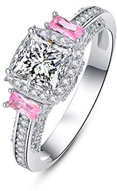 BONLAVIE Womens 925 Silber Ring Hochzeit Verlobungsringe April Birthstone Princess Cut Weiß CZ Erstellt Pink Topaz Silberring für Damen Größe 57