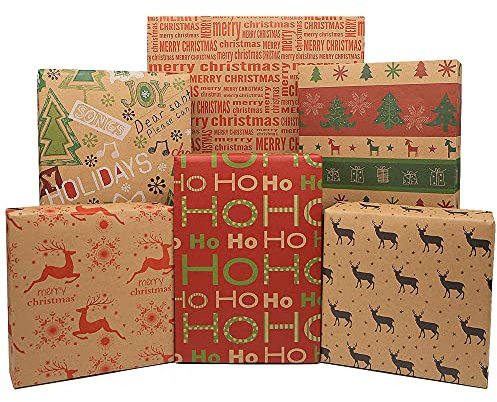 Geschenkpapier Weihnachten, Recyceltes Kraft Geschenkpapier, 12 Blatt 50 x 70 cm pro Blatt, braunes gefaltetes Papier mit Juteschnüren und Anhängern, für Familien, Freunde, Kinder in Weihnachten