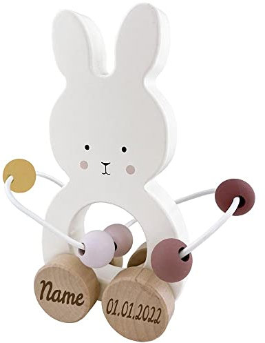 Elefantasie Spielzeug Hase mit Abakus aus Holz personalisierbar mit Name und Datum Baby Geschenk mit Gravur