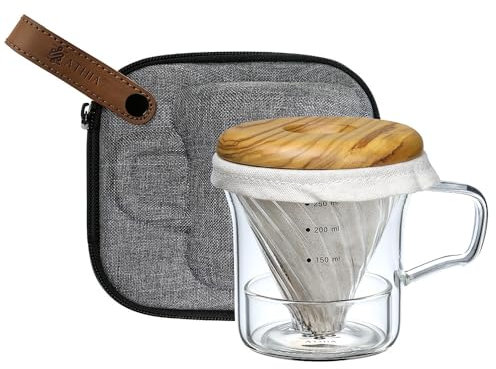 ATHIA Glass Pour Over Coffee Maker Set, Glass Cone Dripper, Reuseable Cloth Filter, Minimal Single Cup on the Go,Olive wood_light color