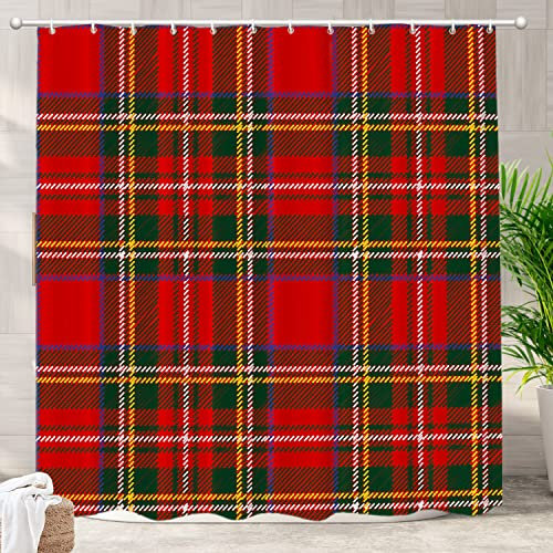 Batmerry Red Christmas Tartan Decor Shower Curtain, Green Christmas Plaid Checkered Bathroom Decor Polyester Fiber Plastic Rings Quick-Drying Waterproof for Bathtubs/Bathroom, 72x72 inches