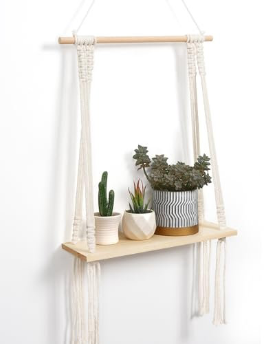 Petrala Wandregal Holz Boho Makramee wandbehang Regal Hängeregal Wanddeko böhmische Schweberegal Handgewebte Quaste Chic schwimmende Regal für Wohnzimmer Schlafzimmer Badezimmer Balkon Flur