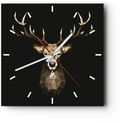 Modern Wanduhr Geometrisch Hirsch Modern 30x30cm Quadrat Klein Wand Uhr Glas Analog Zimmeruhren Küche Büro Wohnzimmer Glasuhr Wall Clock Dekoration Design Wanddekoration Küchenuhr C3AC30x30-4215