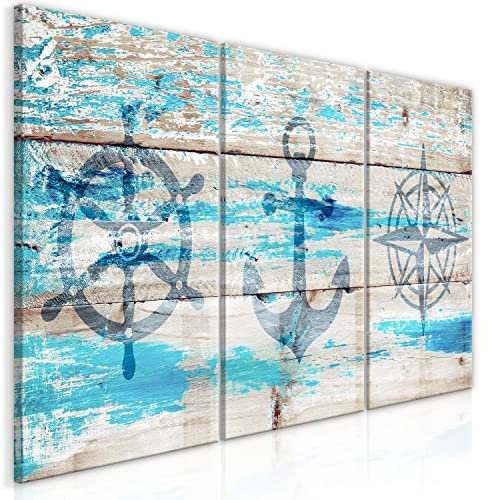 murando - Leinwand Bilder Seeklima 60x30 cm Vlies Leinwandbild 3 Teilig Kunstdruck modern Wandbilder Groß XXL Wohnzimmer Wanddekoration Design Wandbild Maritime Motive Holzoptik Anker i-C-10050-b-a