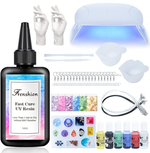 Frenshion UV Lampe+100G Schnelle Heilung UV Harz Hohe Transparenz Klare harte ultraviolette Härtung UV Harz+ Farbpigment Paillette +Werkzeug +Handschuh Starter Kit für Schmuck Herstellung