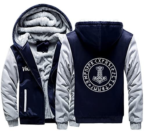 WDBAYXH Thor's Hammer Runes Thick Fleece Zip Hoodie, Winter Heavyweight Warm Camouflage Sleeve Big Pockets Sweatshirt, Viking Mjolnir Celtic Pagan Casual Jacket Streetwear,Gray Blue,M