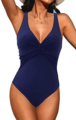 JFAN Bañadores Mujer Reductores Barriga Traje de Baño Mujer de Una Pieza Cuello en V Sexy Push Up Bañadores Cruzado Corbata Ropa de Baño de Playa de Chaleco,Navy S