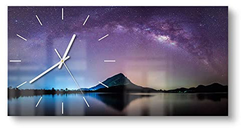 DEQORI Glasuhr | vertikal 60x30 cm | Motiv Bergkulisse unter Sternen | große XXL Design Uhr aus Glas | leise Wanduhr für Wohnzimmer & Küche | moderne Hingucker Uhr für die Wand
