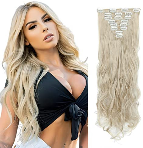 Elailite Clip In Extensions, 140g 8 Teile Set 18 Clips Haarverlängerun 60cm günstig Gewellt Haarteil Natürlich Waschbar - Aschblond & Bleichblond