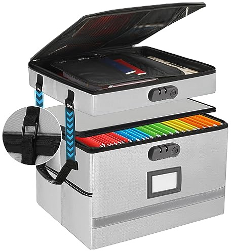 EXLIFBAG 2 Layer File Box with Lock, Portable Document Organizer, Fireproof & Waterproof Home Office Storage, 16.1 L x 12.2 W x 13.4 H